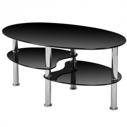 Tempered Glass Oval Side Coffee Table-Black