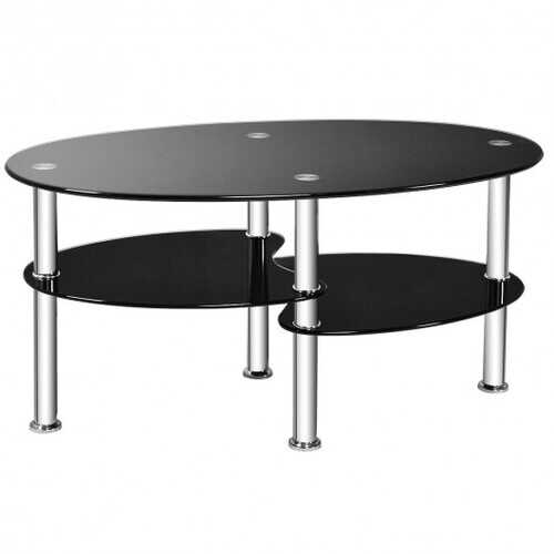 Tempered Glass Oval Side Coffee Table-Black